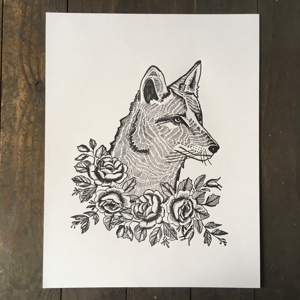 coyote with roses print woodcut illustration