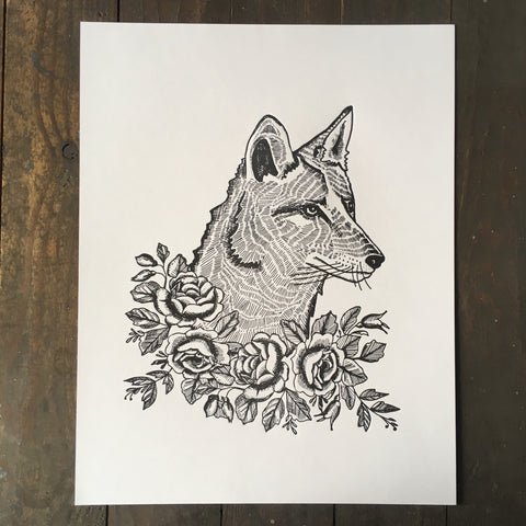 Coyote With Roses - Print